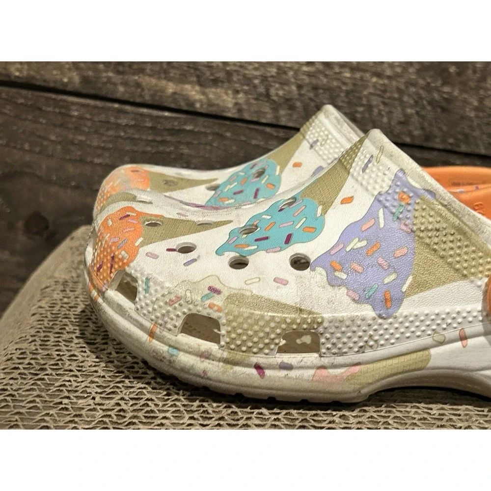 CROCS Ice Cream Print Size J1 Sprinkles‎ with PVC Shoe Charms Gently Worn